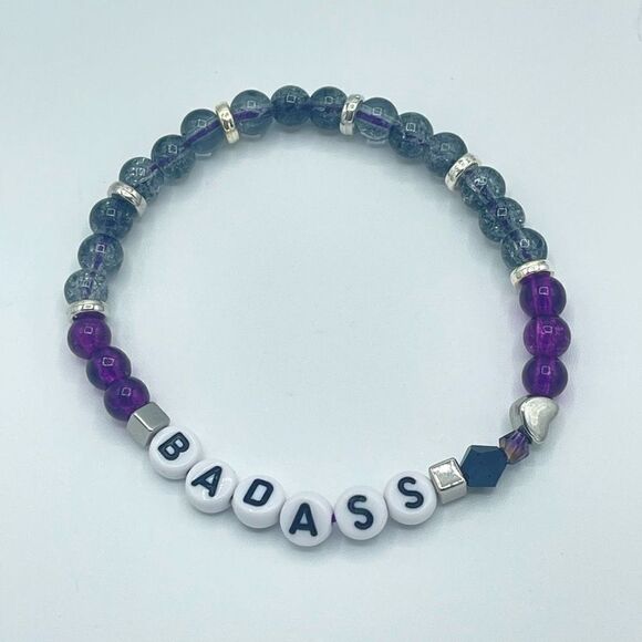 Badass spell out beaded stretch bracelet ONE NEW Stackable pearl beads silver to - Picture 6 of 7